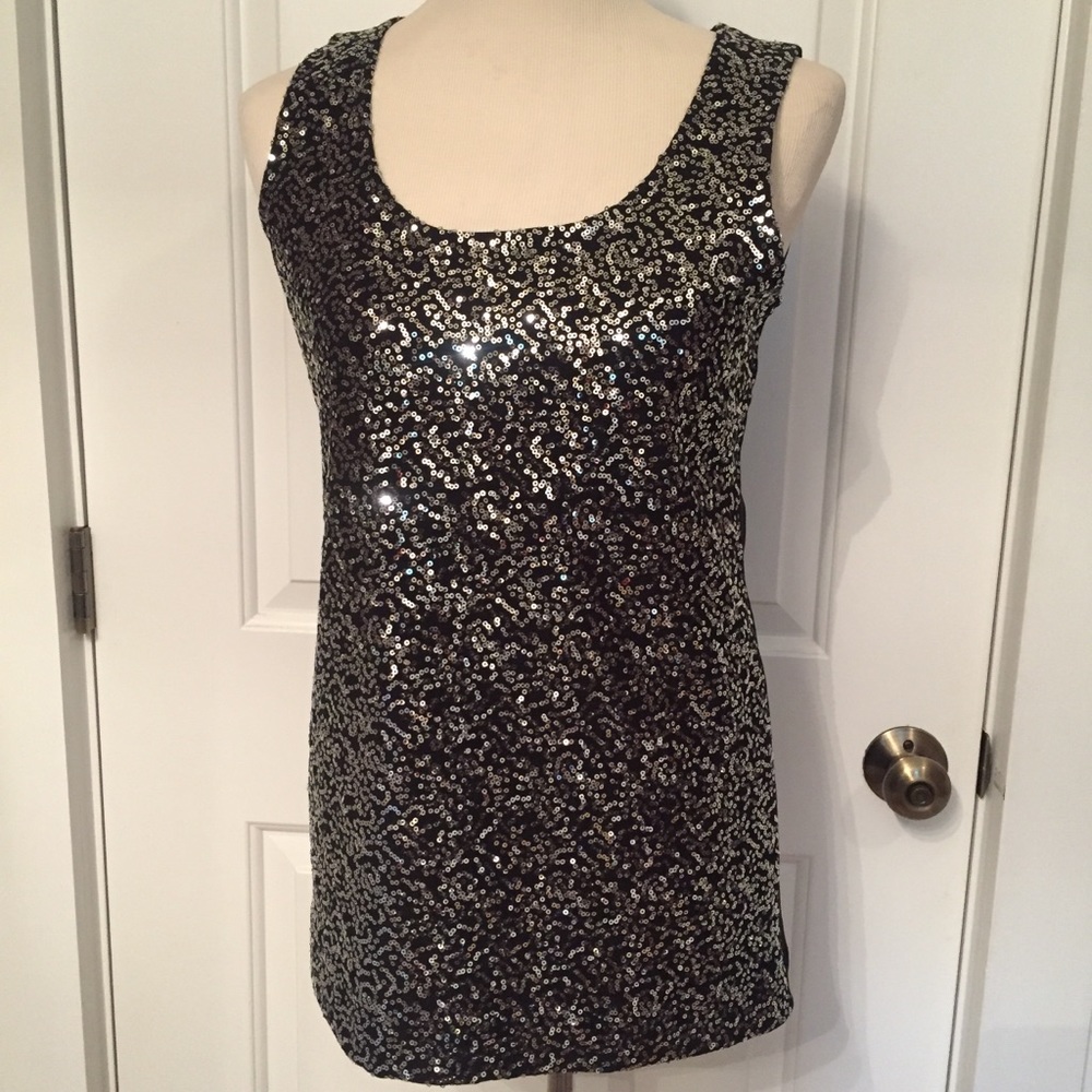 TAHARI TOP TANK BLACK SILVER SEQUINS SLEEVELESS SCOOP NECK Size XS